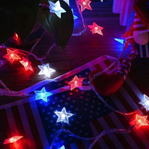 Miniatura 8 de Luces decorativas del 4 de julio, color rojo, blanco y azul, funciona con pilas, 50 LED, cadena patriótica de estrellas de 20 pies, 8 modos