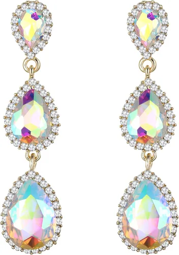 Miniatura 85 de EleQueen Pendientes de cristal austriaco en tono dorado para mujer, forma de pera de 2.5 pulgadas, color esmeralda