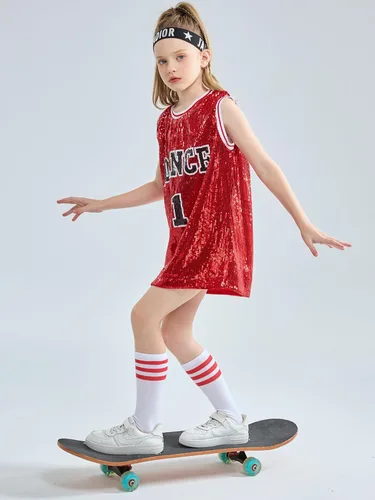 Miniatura 4 de LOLANTA Ropa de baile Hip Hop para niñas, vestido de lentejuelas para niños, camiseta larga sin mangas de jazz para animadoras