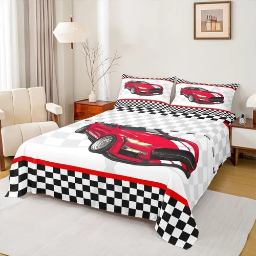 Miniatura 8 de Juego de sábanas de 3 piezas con diseño geométrico a cuadros de coche de carreras rojo para niños, niñas y adultos, juego de sábanas coloridas de 3