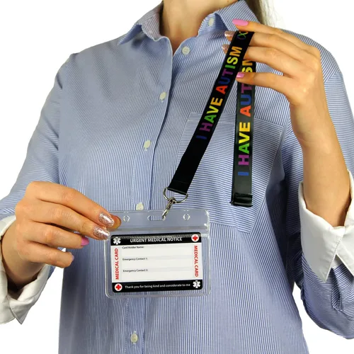 Miniatura 2 de Tarjeta médica de concientización no verbal para autismo, autista, con panel para escribir y cordón con patrón de autismo con tarjetero impermeable