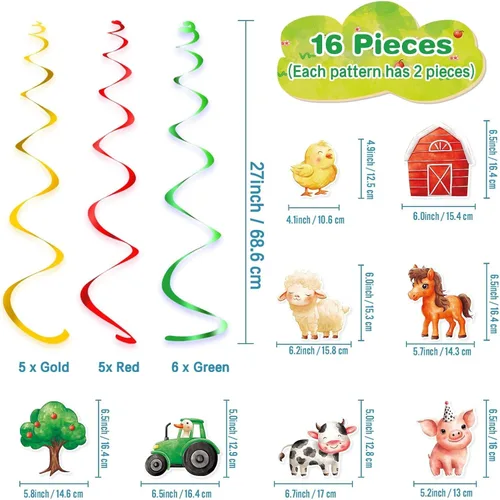 Miniatura 2 de WERNNSAI Decoraciones Colgantes de Remolino de Animales de Granja - 16 Piezas de Remolinos Colgantes de Papel de Aluminio para Techo, Suministros