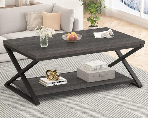 Miniatura 11 de HSH Mesa de sala de estar de madera de metal minimalista moderna negra con estante de almacenamiento, mesa central rectangular de 39 pulgadas y 2