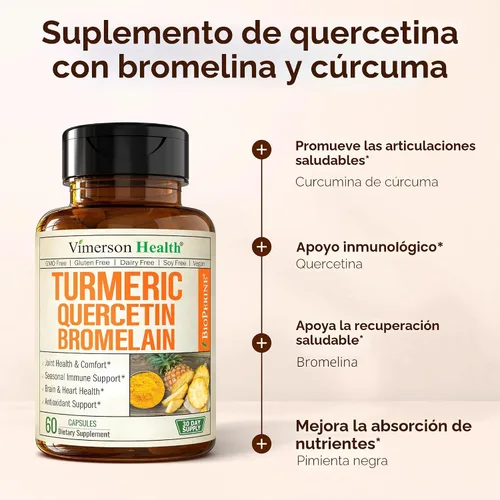Miniatura 5 de Suplemento de quercetina con bromelina y cúrcuma - Quercetina 500 mg Cápsulas con curcumina y bromelina en polvo para alergias y apoyo articular.