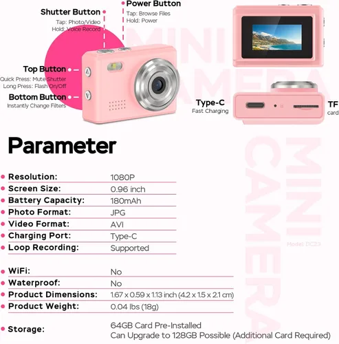 Miniatura 9 de Mini cámara grabadora de video HD 1080P - Llavero videocámara digital con tarjeta de 64 GB, pantalla HD de 0.96 pulgadas, batería de larga duración