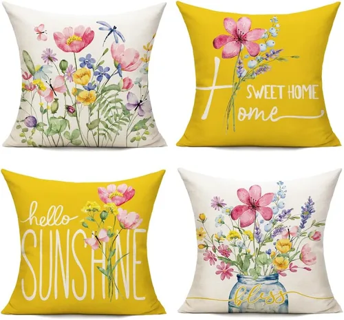 Juego de 4 fundas de cojín decorativas de primavera para exteriores de 16 x 16 pulgadas, diseño de flores de jardín, patio, decoración del hogar,