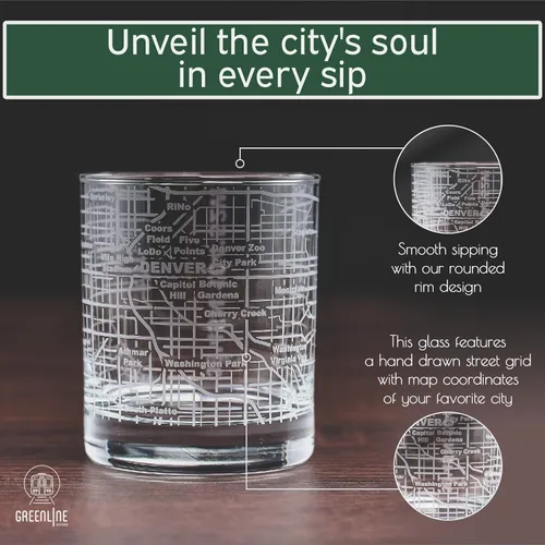 Miniatura 4 de Greenline Goods Vasos de Whisky - Juego de Regalo de Vaso Tumbler de 10 Oz para Amantes de Denver, Grabados con Mapa de Denver Vaso Old Fashioned