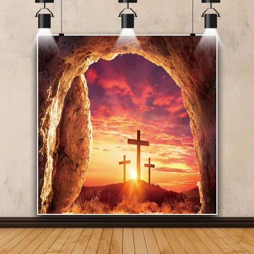 Miniatura 16 de Fondo de fotografía de tumba vacía de 6 x 4 pies, puesta de sol con luz sagrada, tres cruces en la montaña, Jesucristo, agujero de piedra, telón