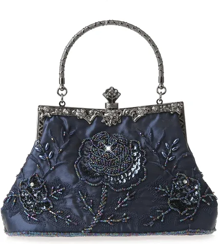 Miniatura 10 de Bolso de mano de estilo vintage con cuentas florales y strass para mujer, con bordado de lentejuelas, bandolera para novia, boda, fiesta