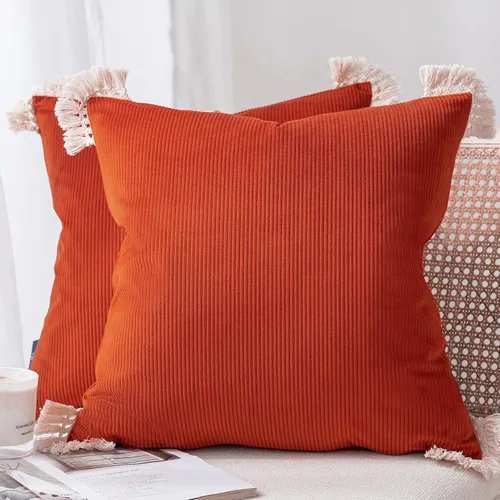 Phantoscope Paquete de 2 fundas de almohada de pana suave para Halloween y otoño, decorativas de terciopelo a rayas con borlas de algodón, fundas de