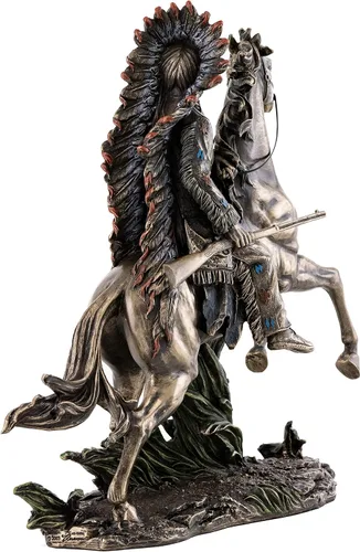Miniatura 4 de Top Collection Chief Sitting Bull on Horseback Estatua – Escultura de nativos americanos con hermoso tocado en bronce fundido en frío de primera