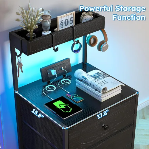Miniatura 5 de EnHomee Mesita de noche alta con estación de carga y mesita de noche LED con 3 cajones, mesa de noche con cajones y tomas de corriente, mesita