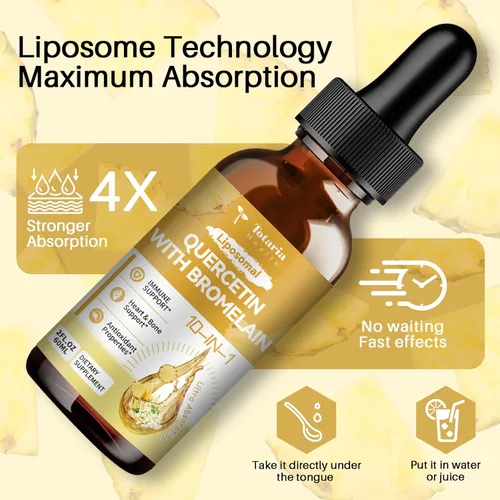 Miniatura 5 de Totaria Quercetina liposomal con gotas líquidas de bromelina, quercetina de alta absorción de 1000 mg y bromelina 500 mg más saúco, vitamina C, zinc