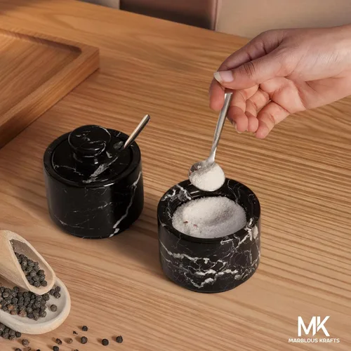 Miniatura 6 de MARBLOUS KRAFTS Salero de Mármol con Tapa y Cuchara 3" Caja de Sal Navideña Escamosa Cebra Negra para Regalo, Juego Pequeño Moderno de 2