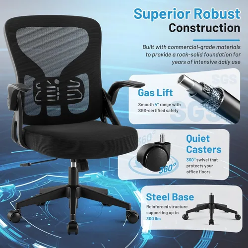 Miniatura 6 de Silla de oficina ergonómica con soporte lumbar ajustable, silla de malla transpirable con respaldo alto con función de inclinación de 120° y Negro
