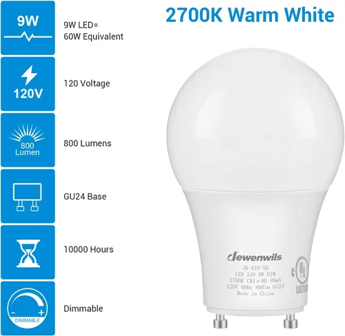 Miniatura 3 de DEWENWILS Bombilla LED GU24, equivalente a 60 W, bombillas regulables de 2 puntas, blanco cálido de 2700 K, 9 W 800 lúmenes, bombillas en forma A19