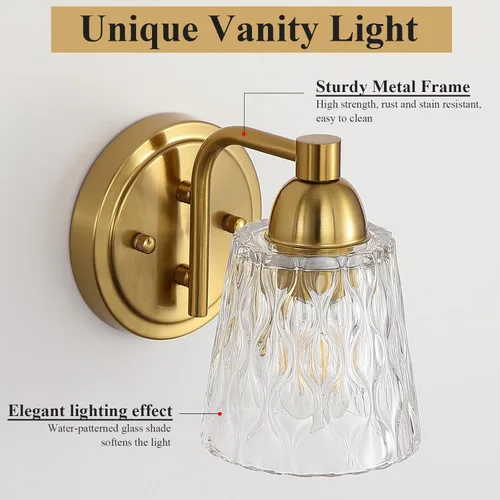 Miniatura 4 de Mecgirn Stainless Steel Bathroom Vanity Light Over Mirror, 1 Light Brushed Gold Bathroom Light Fixtures with Textured Glass Shades, Modern Vanity