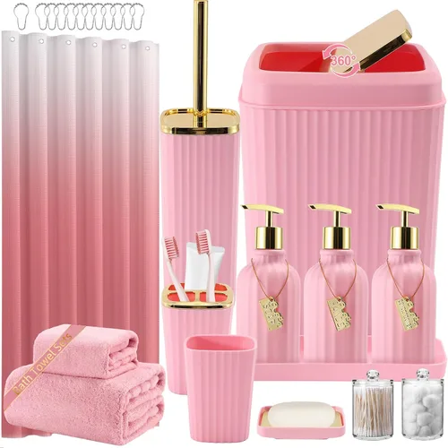 Miniatura 38 de 21PCS Bathroom Sets with Shower Curtain and Rugs Bathroom Accessories Set Beige Bathroom Set Complete with Trash Can, Toilet Brush, Qtip Holder &