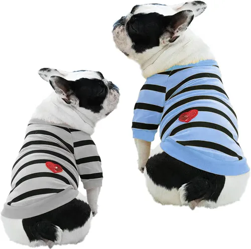 Miniatura 9 de Ropa para Bulldog Francés Camiseta para Perros Pequeños Camiseta de Verano a Rayas para Cachorros, XS, Azul