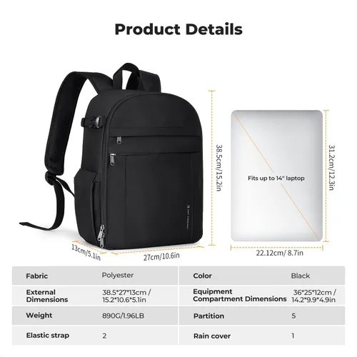 Miniatura 8 de K&F CONCEPT Mochila ligera para cámara, bolsa de fotografía profesional compatible con cámaras Canon/Nikon/Sony y accesorios para lentes, funda