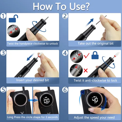 Miniatura 3 de Yokefellow - Taladro de uñas, profesional, portátil, 40000 RPM, máquina de taladro eléctrico de grabado para vidrio, color negro
