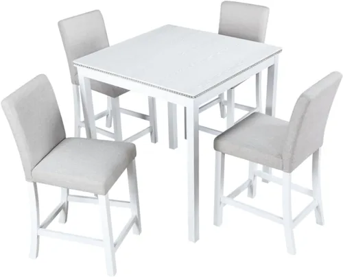 Miniatura 9 de Juego de mesa de comedor de madera de 5 piezas, juego de mesa de cocina con una mesa rectangular y 4 sillas tapizadas