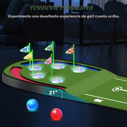 Miniatura 2 de TERRAMUS Alfombra de Golf Mejorada para Niños, Verde de Golf de 2.37 m con Agujeros LED Iluminados, Bolas Luminosas, 2 Palos, Juego de Golf
