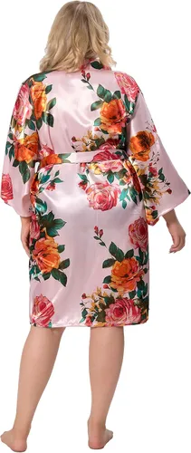 Miniatura 5 de ALHAVONE Bata kimono corta de satén sedoso con flores de rosas para mujer para prepararse