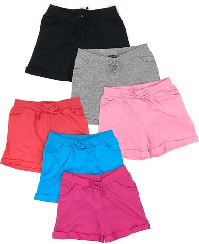 MISS POPULAR Paquete de 6 bermudas cortas para niñas, tallas 4-16, cómodo algodón, cintura elástica, corbatín, bolsillos y muchos colores