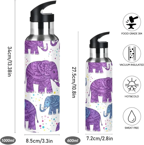 Miniatura 2 de BPA-Free Sport Water Bottle 32 Oz, Insulated Water Bottle for Gym Outdoor Travel School, Cute Purple Elephants Purple Blue