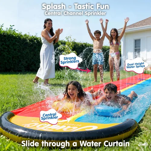 Miniatura 5 de JAMBO Tobogán acuático de doble carril de 22.5 pies con 2 tablas de bodyboard con rociador integrado para diversión acuática en el patio trasero al