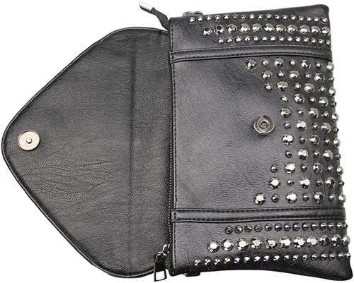 Miniatura 11 de Bolso de mano con cadena de remache para mujer, bolso de mano pequeño de piel sintética, bolso de hombro con asa superior, color negro