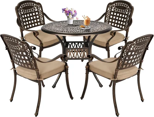 Miniatura 9 de TITIMO Juego de comedor de 5 piezas de aluminio fundido para patio al aire libre, 4 sillas con patrón y mesa redonda de 35.4 pulgadas, juego de Sin