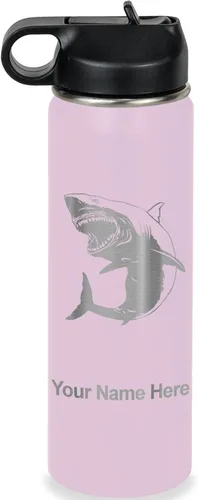 Miniatura 74 de LaserGram Botella de agua personalizada, gran tiburón blanco, acero inoxidable de doble pared aislada al vacío con popote superior, regalo grabado