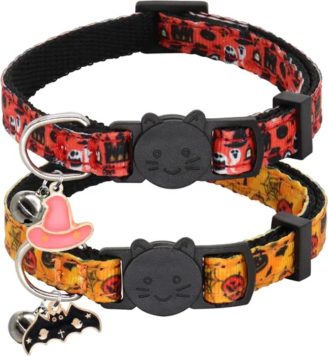 Collar de Gato de Halloween, Juego de 2 Collares Separables para Gato con Campanas, Adorno de Fantasma de Calabaza y Murciélagos Halloween