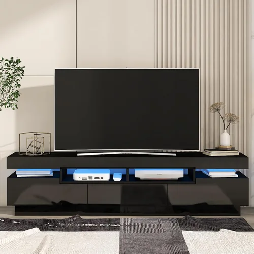 Miniatura 19 de Soporte de TV versátil de alto brillo con luces LED que cambian de color y 2 estantes de vidrio templado, centro de entretenimiento para televisores