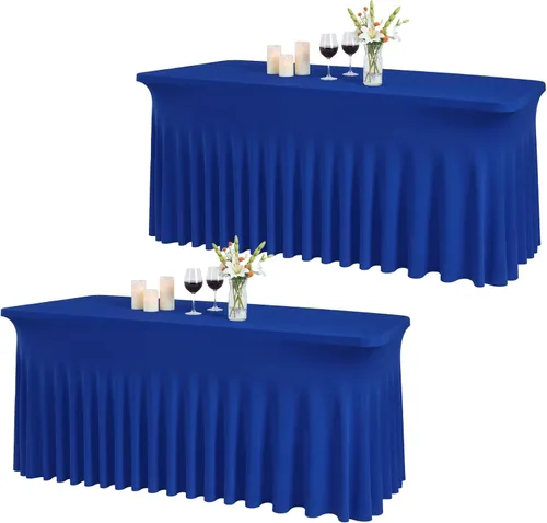 Miniatura 11 de JCJ Faldón de mesa para mesas rectangulares, manteles negros ajustados de spandex para mesas de 4 pies, faldones de mesa elásticos con volantes