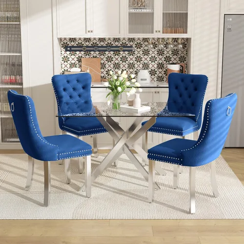 Miniatura 24 de Juego de mesa de comedor de 51 pulgadas de vidrio para 4, mesa de cocina rectangular de vidrio con 4 sillas tapizadas con acentos de terciopelo