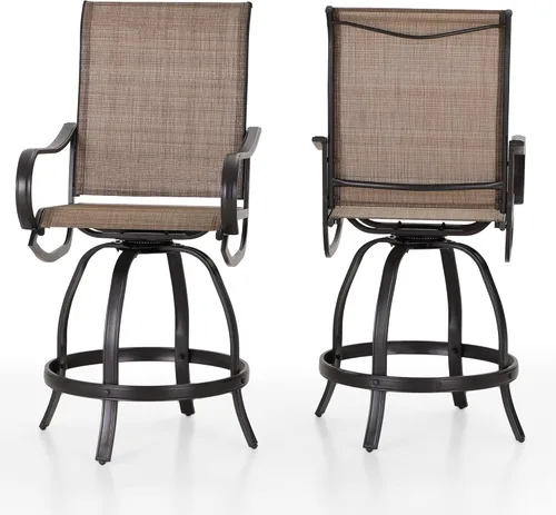 PHI VILLA Juego de 2 taburetes de bar giratorios para exteriores, sillas de patio de altura de mostrador con tela textil impermeable, marrón, marco