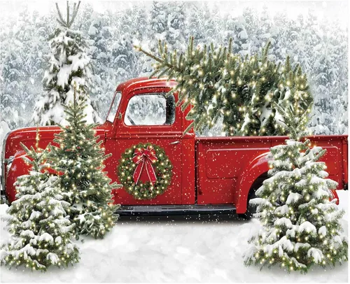 Miniatura 7 de Funnytree Telón de fondo de camión rojo navideño de 82" x 59", diseño de bosque nevado de invierno, árbol, fondo de Navidad, "Deja que nieve