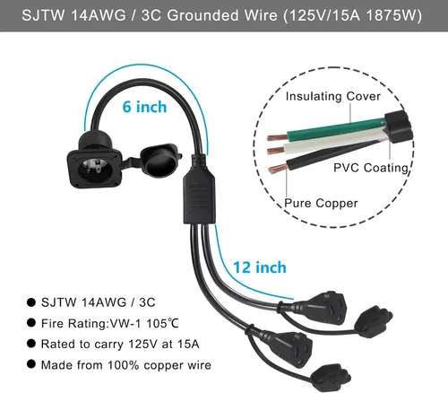 Miniatura 3 de Enchufe de Puerto de CA de 15A - Toma de Entrada de Alimentación de 125V con Cable de Extensión Doble de 18 Pulgadas, Enchufe NEMA 5-15 con Entrada