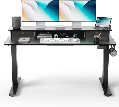 Miniatura 19 de FEZIBO Escritorio de pie de 48 x 24 pulgadas con altura ajustable, escritorio eléctrico de pie con doble cajón, escritorio de oficina en casa con 4