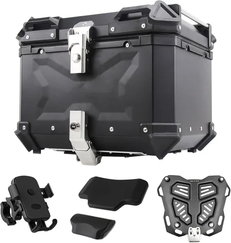 Baúl Superior para Motocicleta de 45L, Caja Trasera Universal para Motocicleta de Aleación de Aluminio con Respaldo y Soporte para Teléfono,