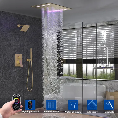 Miniatura 2 de ENGA Sistema de cabezal de ducha de lluvia doble, 2 en 1 funciones de montaje en techo, cabezal de ducha LED de 14 x 20 pulgadas con cabezal de Oro