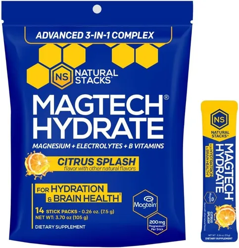 MagTech - Paquetes de hidrato de magnesio - Polvo de hidratación sin azúcar - Magteína Magnesio L-treonato, glicinato y taurato - Complejo triple