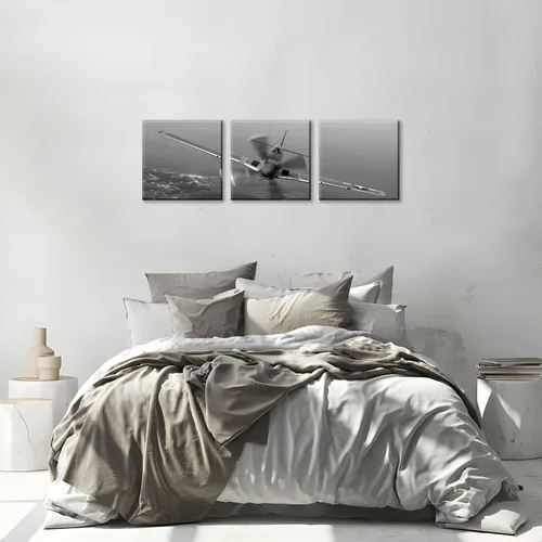 Miniatura 4 de 3 piezas de arte de pared en lienzo en blanco y negro vintage de la Segunda Guerra Mundial, aviones de combate militares, impresiones de fotografía