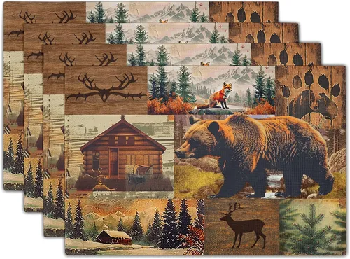 Miniatura 41 de Manteles individuales rústicos con diseño de oso y ciervo, 4 piezas, manteles individuales vintage de cabaña con piñas y cuadros, resistentes al