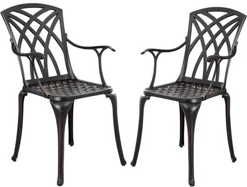 Miniatura 9 de Juego de 2 sillas de patio de aluminio fundido, sillas de comedor al aire libre con respaldo alto, sillas de patio de metal, sillas de bistró