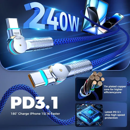 Miniatura 2 de Cable USB C a USB C de 6.6 pies, 240 W, paquete de 2 cables de carga tipo C trenzados giratorios de 180°, carga rápida para iPhone
