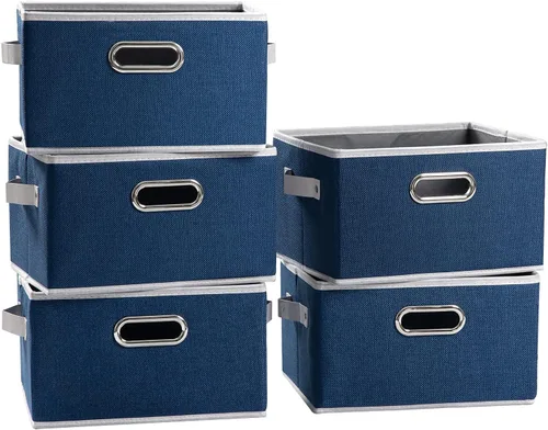 Miniatura 9 de PRANDOM Contenedores de almacenamiento plegables más grandes para clóset [5 unidades] cestas decorativas de tela de lino con asas de cuero y metal